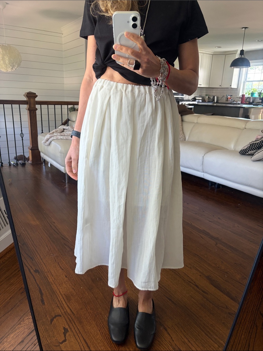 Women's White Midi Skirt - Lightweight Gathered Waist